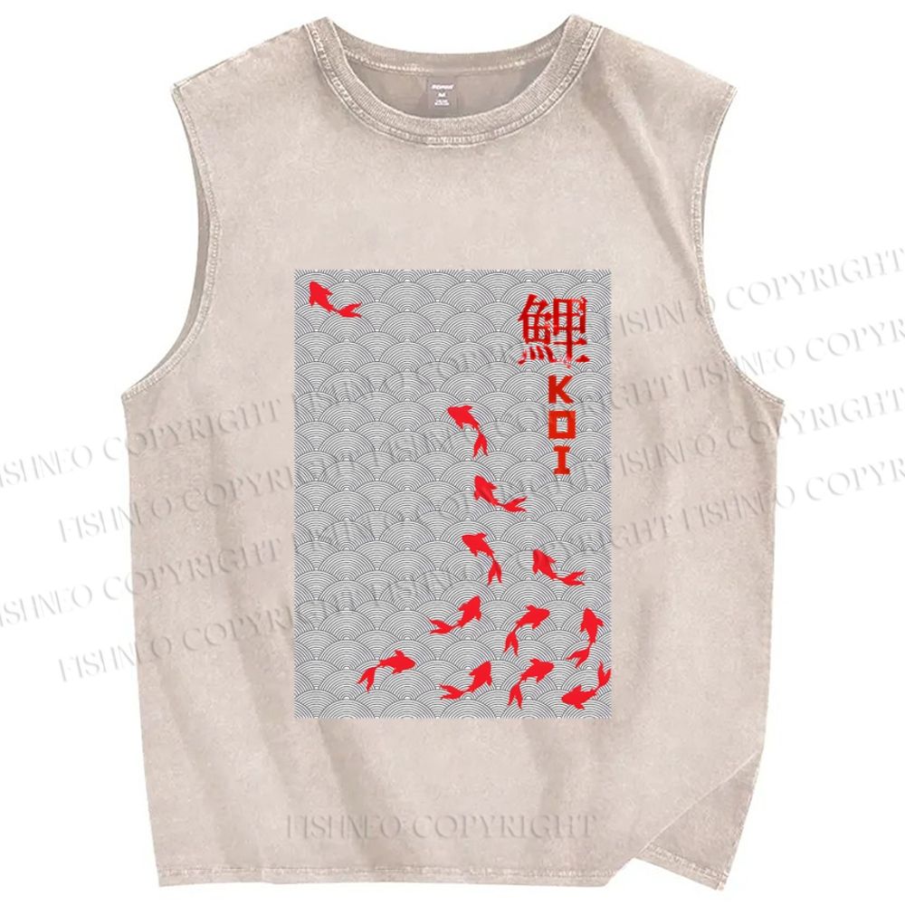Unisex Japanese Koi Fish Printed Washed Tank Top