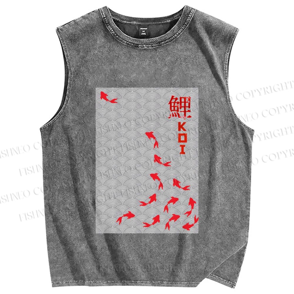 Unisex Japanese Koi Fish Printed Washed Tank Top