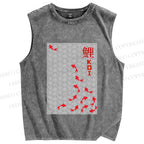 Unisex Japanese Koi Fish Printed Washed Tank Top