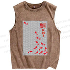 Unisex Japanese Koi Fish Printed Washed Tank Top