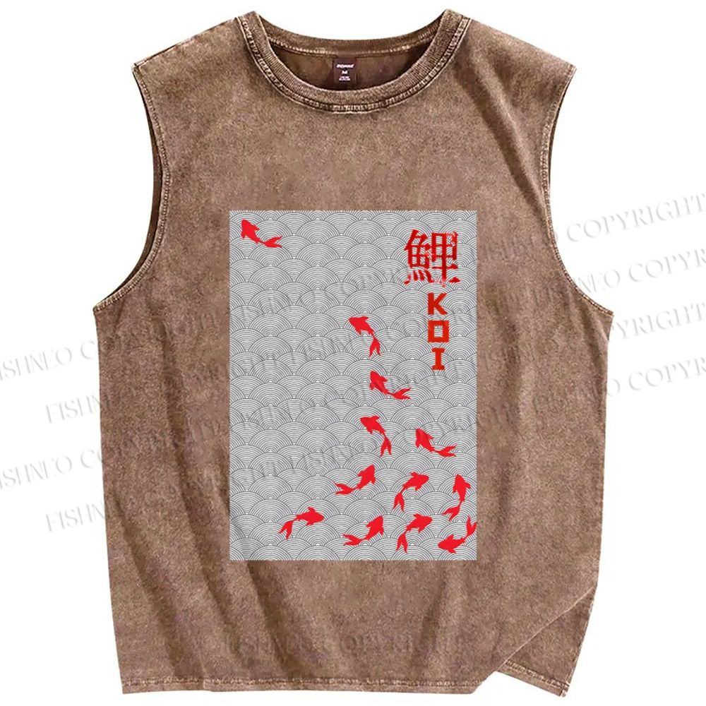 Unisex Japanese Koi Fish Printed Washed Tank Top