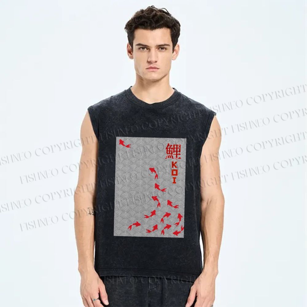 Unisex Japanese Koi Fish Printed Washed Tank Top