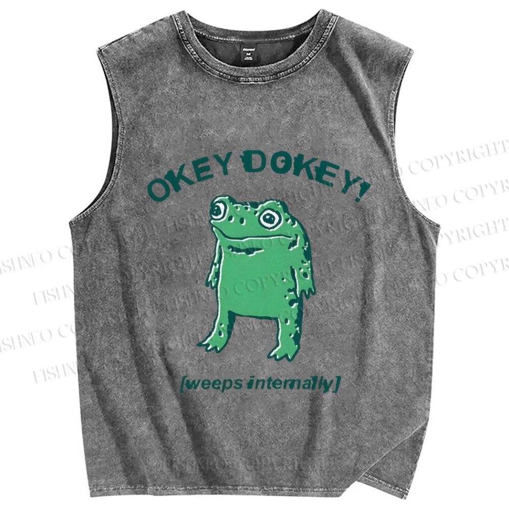 Unisex Okay Frog Printed Washed Tank Top