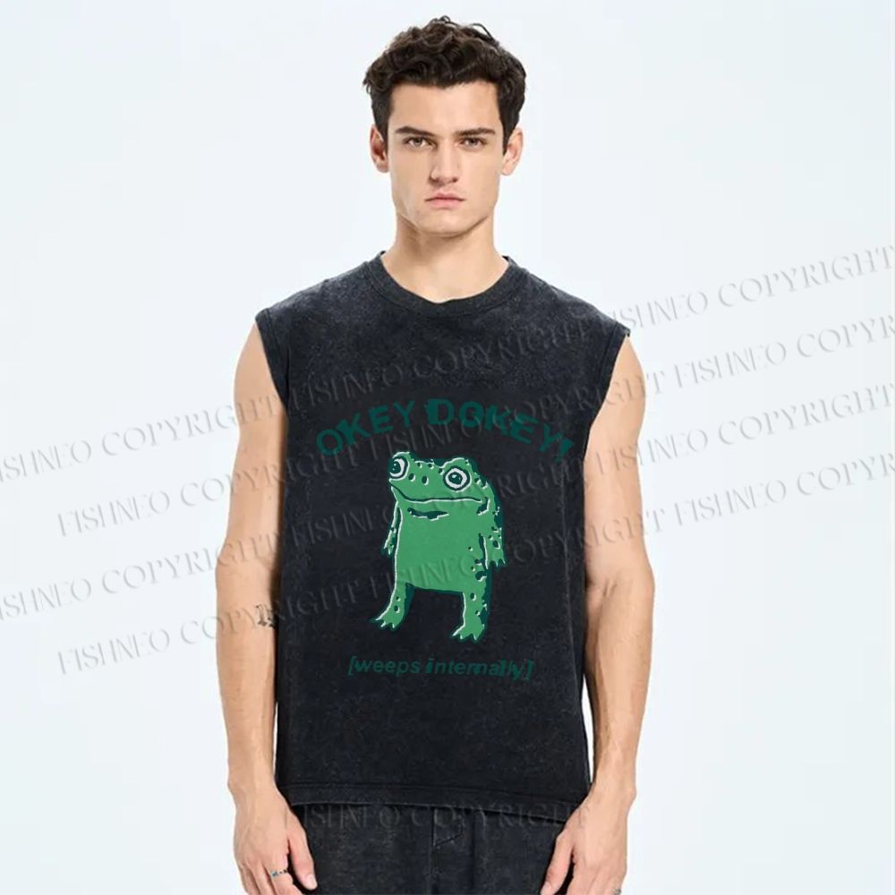 Unisex Okay Frog Printed Washed Tank Top
