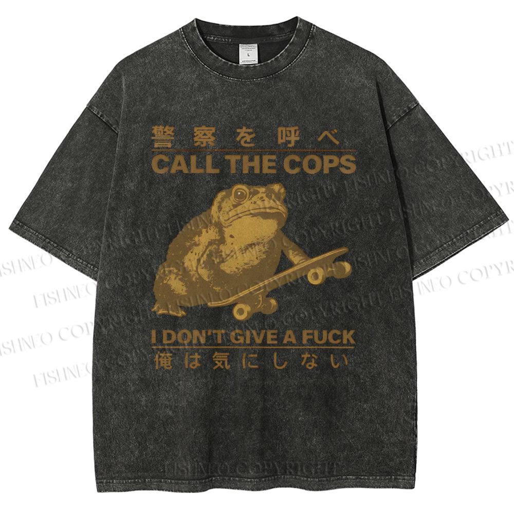 Unisex Frog Call Cops Funny Japanese Printed Washed Tee