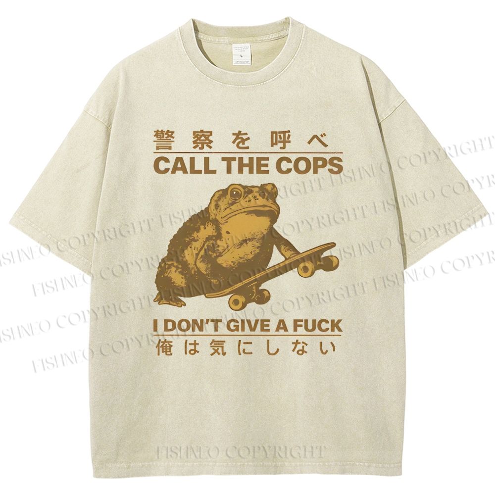 Unisex Frog Call Cops Funny Japanese Printed Washed Tee