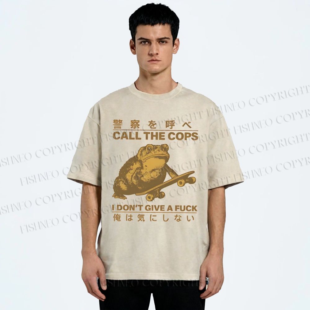 Unisex Frog Call Cops Funny Japanese Printed Washed Tee