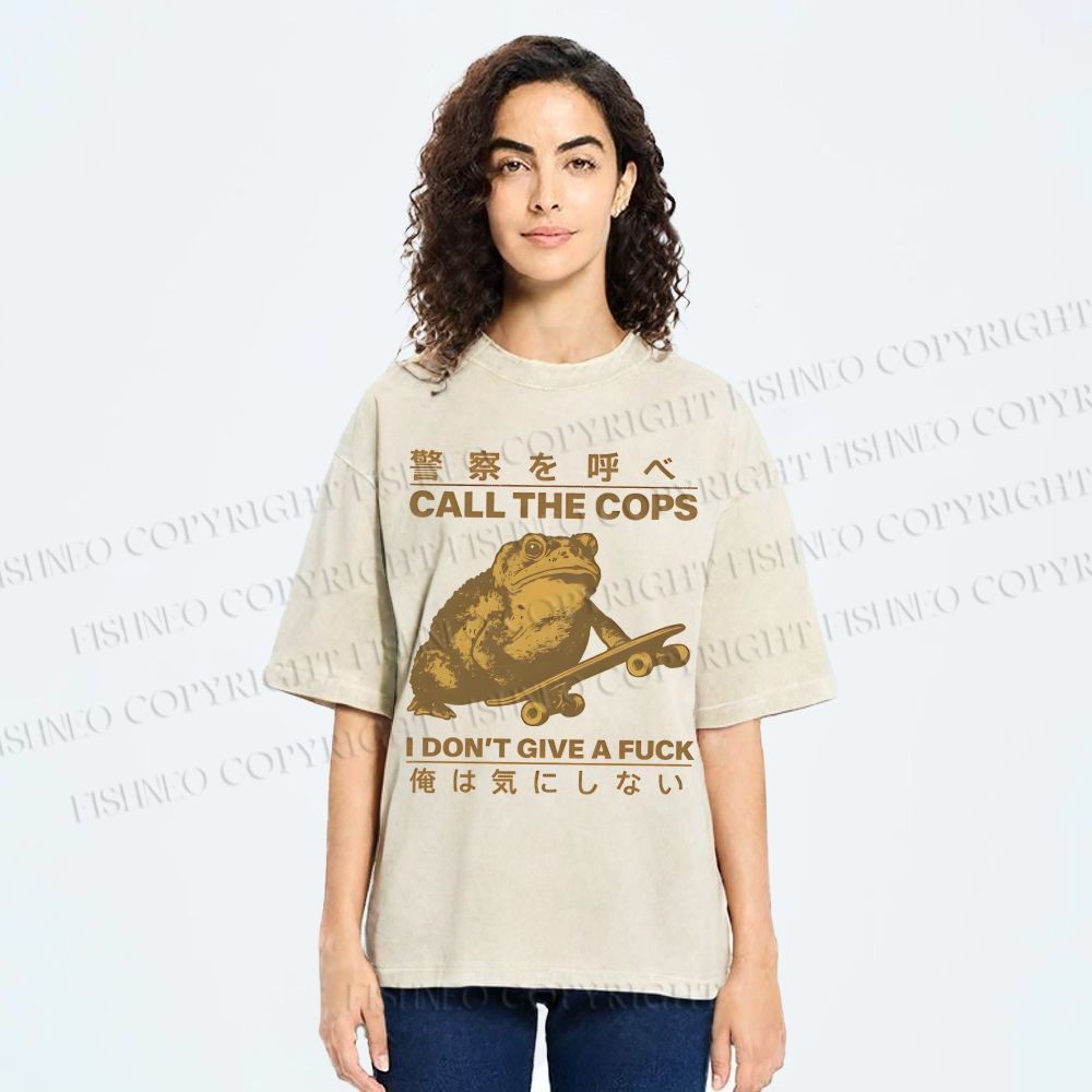 Unisex Frog Call Cops Funny Japanese Printed Washed Tee