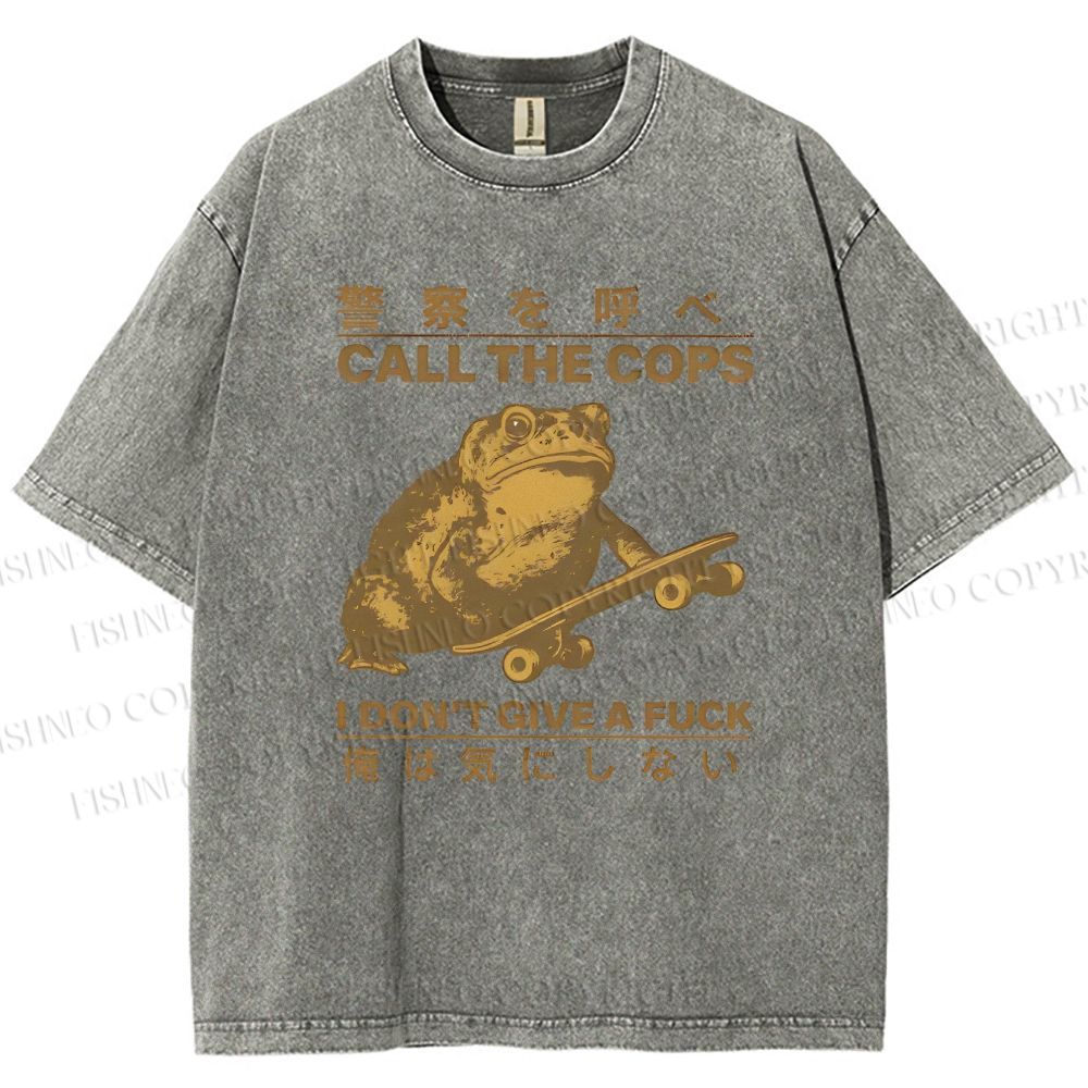 Unisex Frog Call Cops Funny Japanese Printed Washed Tee