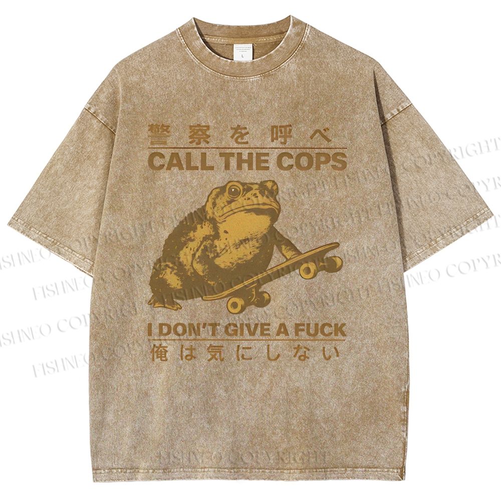 Unisex Frog Call Cops Funny Japanese Printed Washed Tee