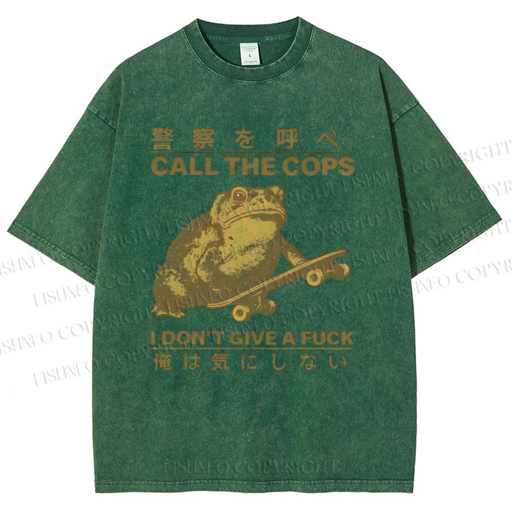 Unisex Frog Call Cops Funny Japanese Printed Washed Tee
