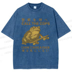 Unisex Frog Call Cops Funny Japanese Printed Washed Tee
