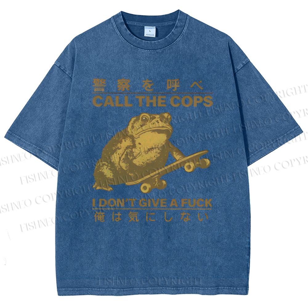 Unisex Frog Call Cops Funny Japanese Printed Washed Tee
