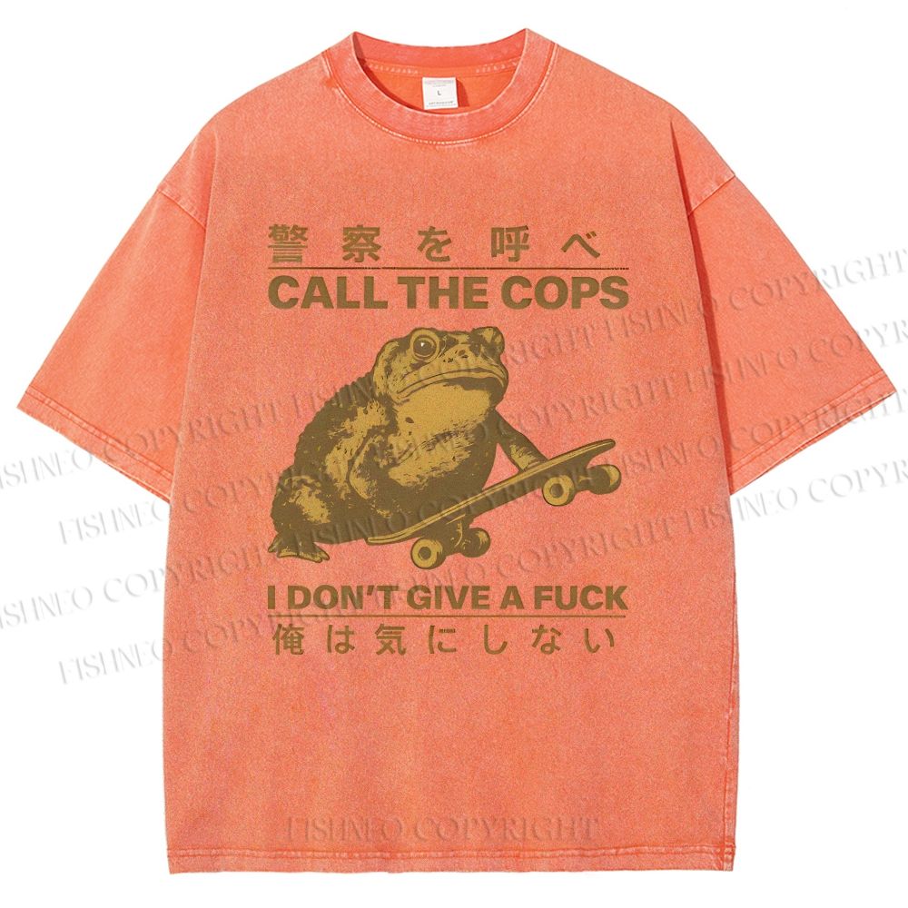 Unisex Frog Call Cops Funny Japanese Printed Washed Tee