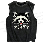Unisex Playful Raccoon Head Printed Washed Tank Top