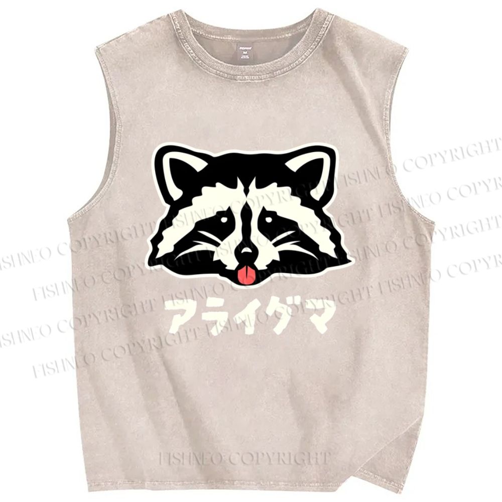Unisex Playful Raccoon Head Printed Washed Tank Top