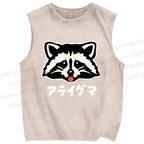 Unisex Playful Raccoon Head Printed Washed Tank Top