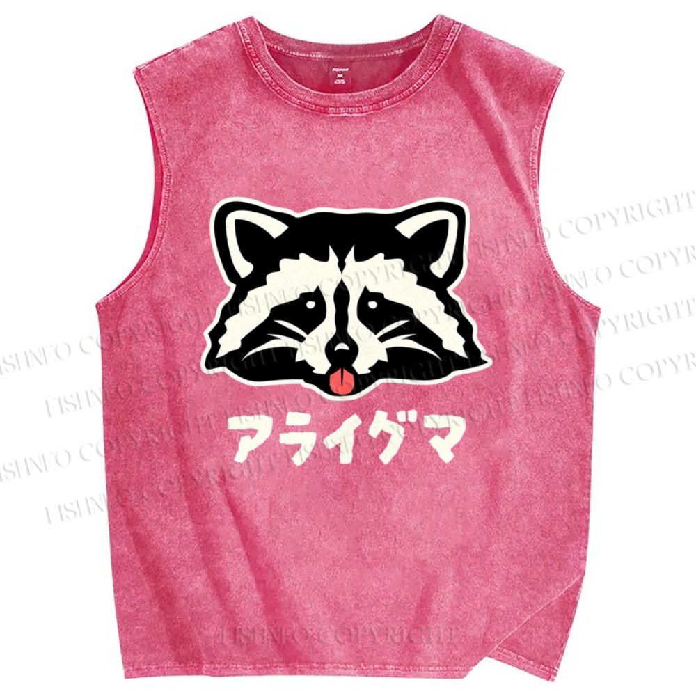 Unisex Playful Raccoon Head Printed Washed Tank Top