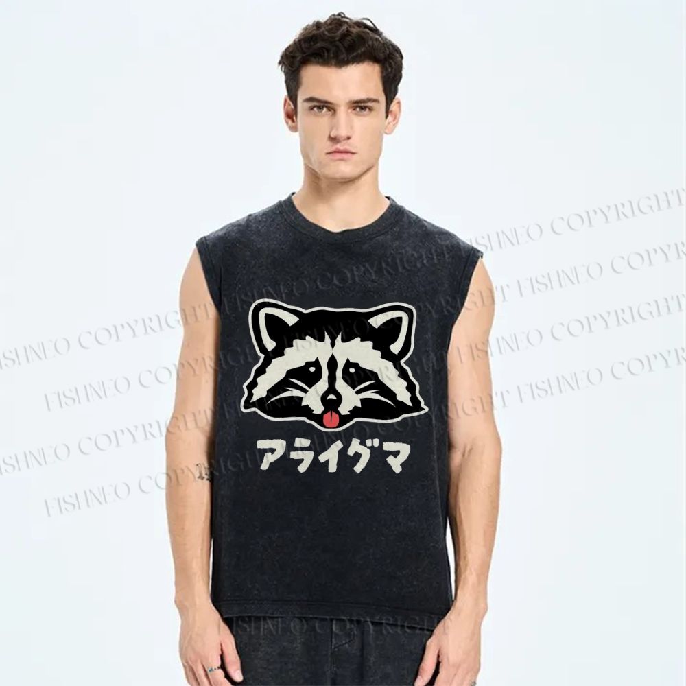 Unisex Playful Raccoon Head Printed Washed Tank Top
