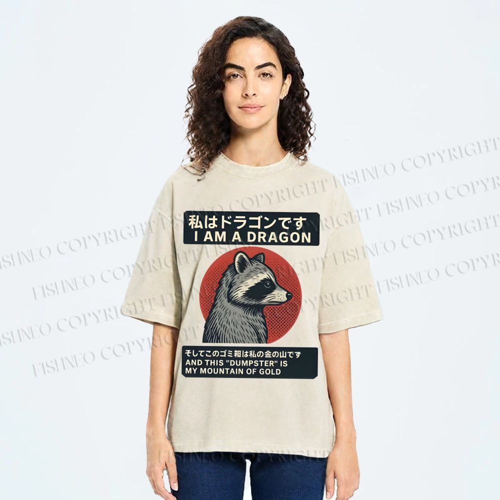Unisex I Am A Dragon Raccoon Japanese Printed Washed Tee