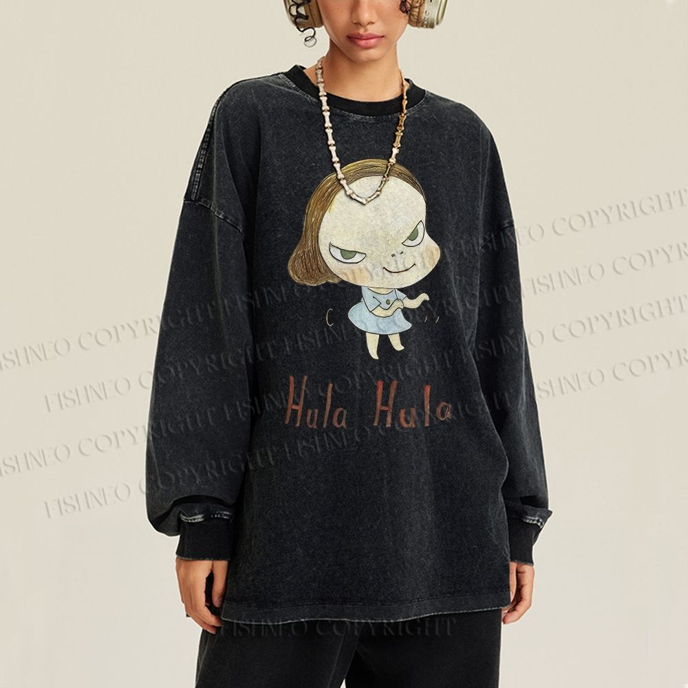Unisex Casual Washed Yoshitomo Nara Hula Hula Printed Long Sleeve T-shirt