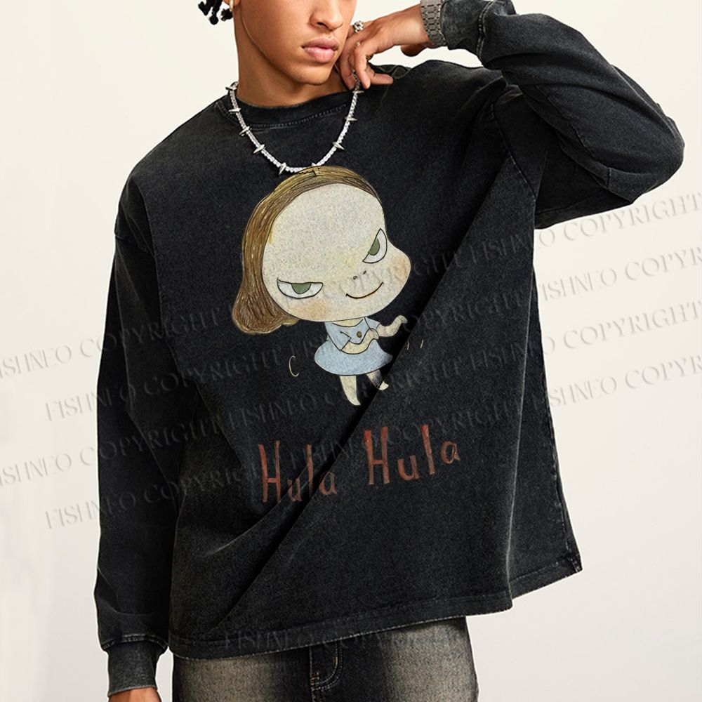 Unisex Casual Washed Yoshitomo Nara Hula Hula Printed Long Sleeve T-shirt