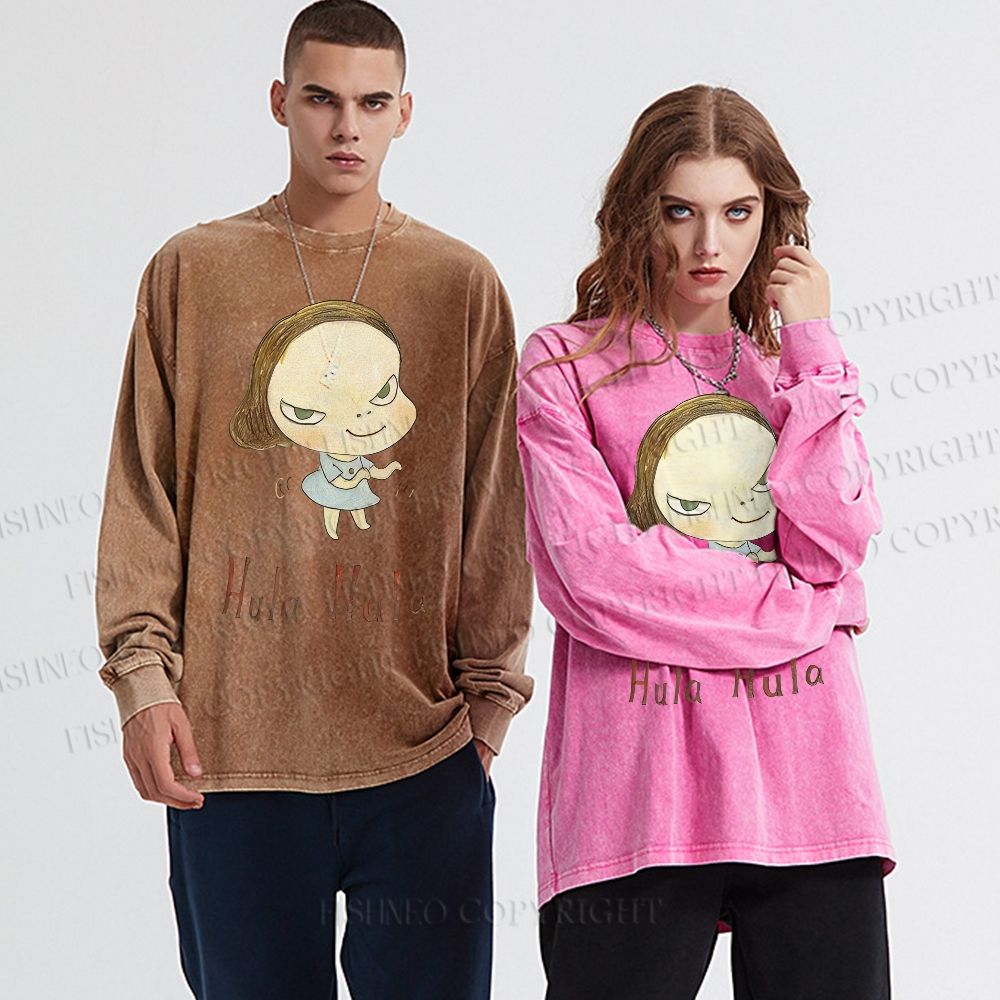 Unisex Casual Washed Yoshitomo Nara Hula Hula Printed Long Sleeve T-shirt