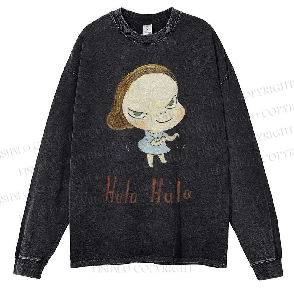Unisex Casual Washed Yoshitomo Nara Hula Hula Printed Long Sleeve T-shirt