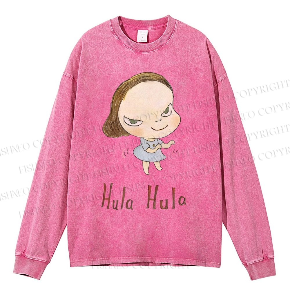 Unisex Casual Washed Yoshitomo Nara Hula Hula Printed Long Sleeve T-shirt