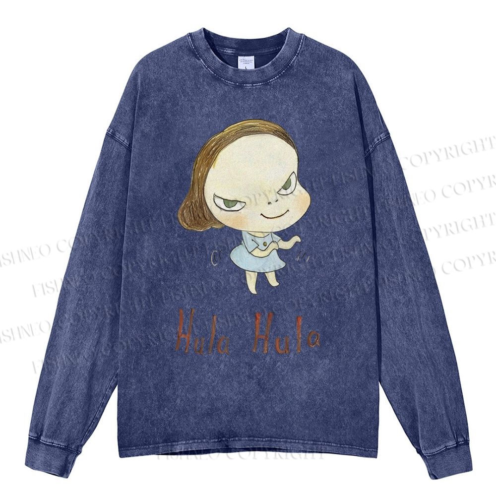 Unisex Casual Washed Yoshitomo Nara Hula Hula Printed Long Sleeve T-shirt