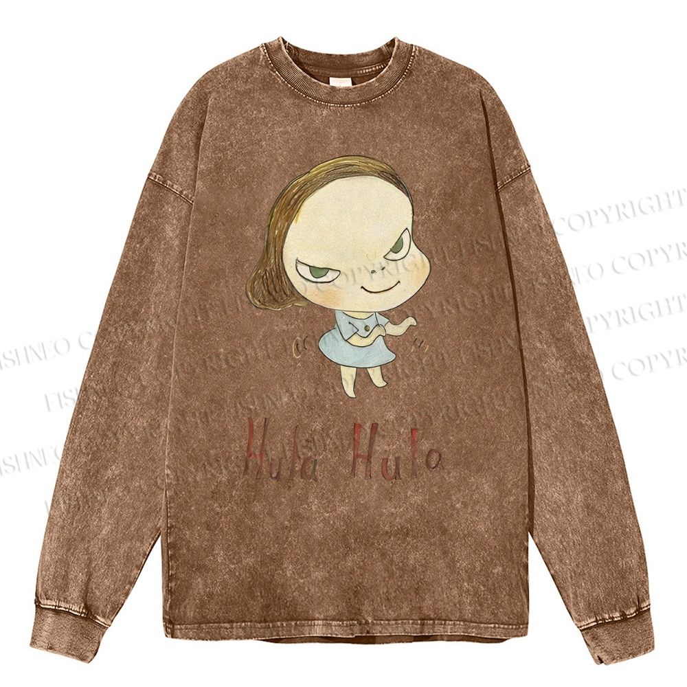 Unisex Casual Washed Yoshitomo Nara Hula Hula Printed Long Sleeve T-shirt