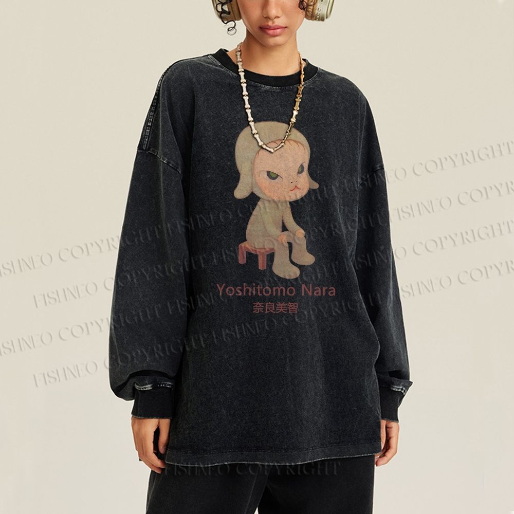 Unisex Casual Washed Yoshitomo Nara Printed Long Sleeve T-shirt