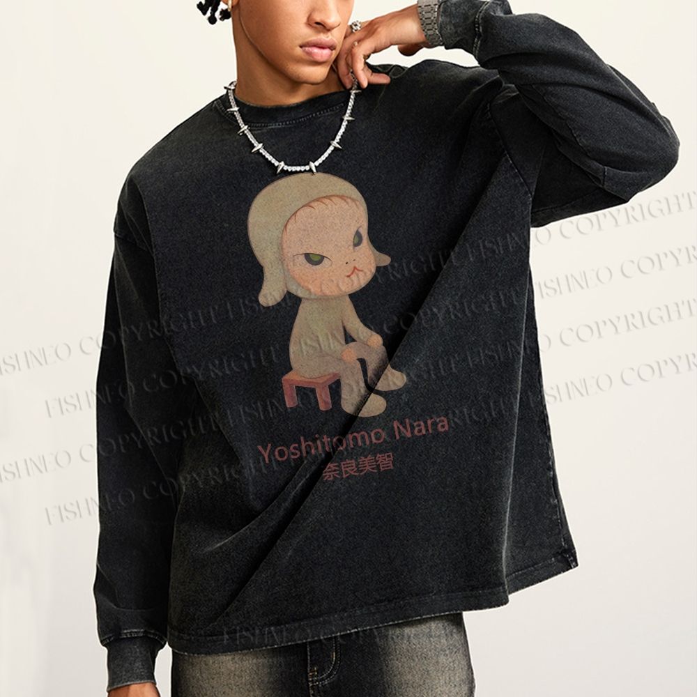 Unisex Casual Washed Yoshitomo Nara Printed Long Sleeve T-shirt
