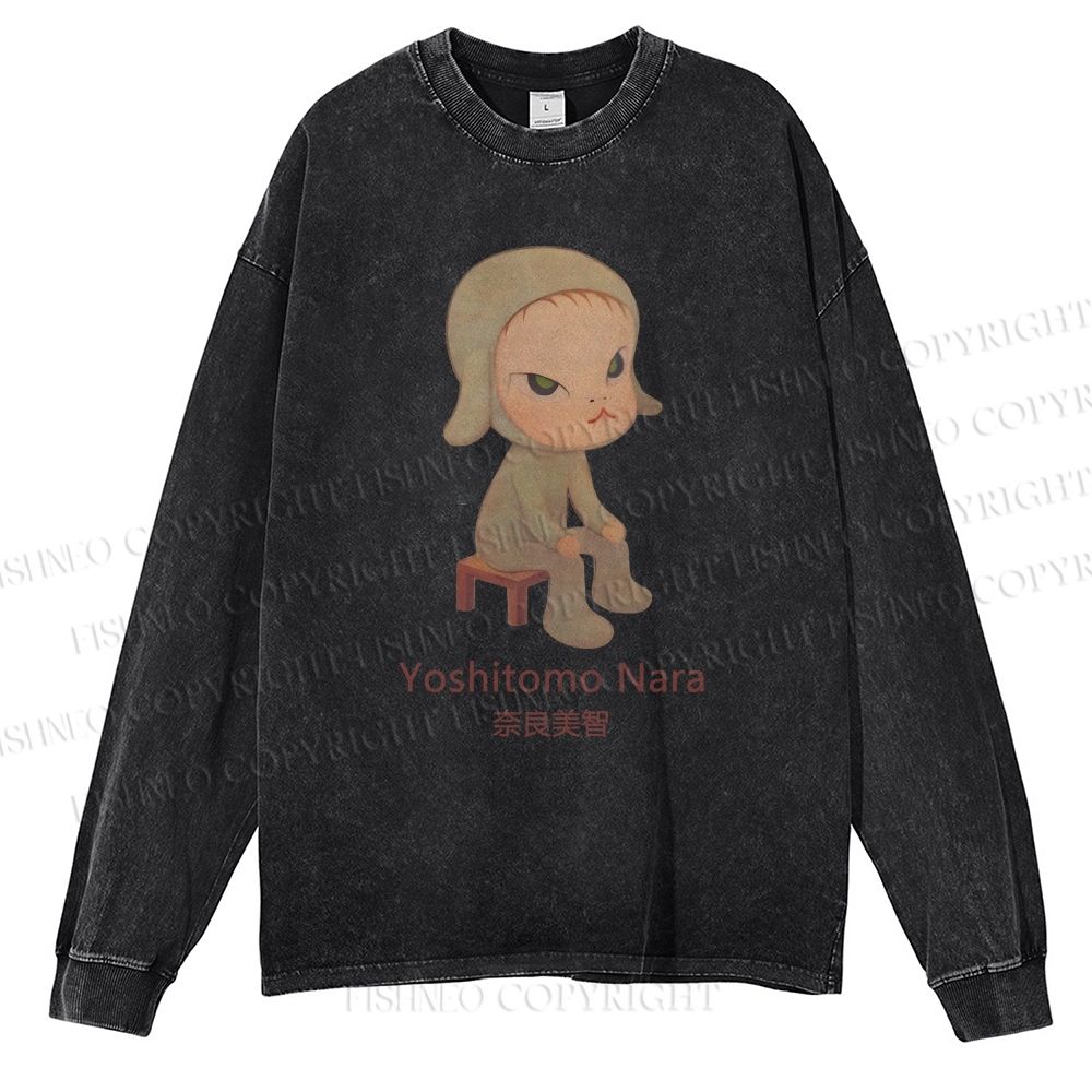 Unisex Casual Washed Yoshitomo Nara Printed Long Sleeve T-shirt