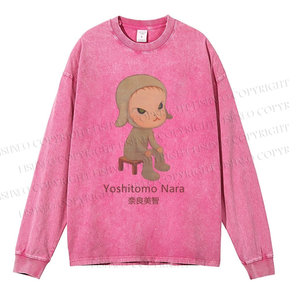 Unisex Casual Washed Yoshitomo Nara Printed Long Sleeve T-shirt