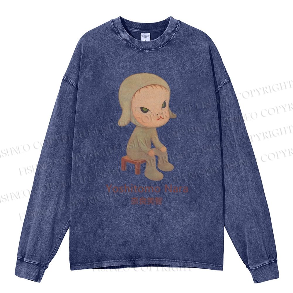 Unisex Casual Washed Yoshitomo Nara Printed Long Sleeve T-shirt