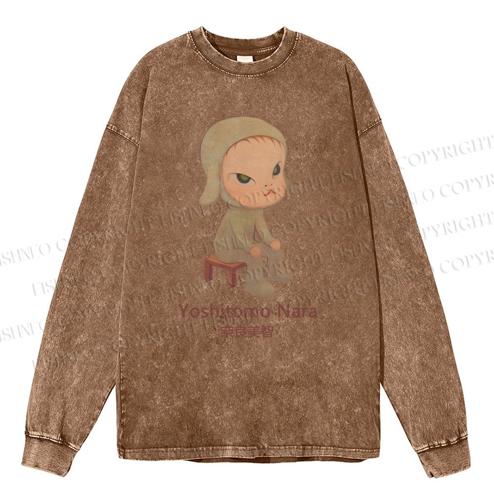Unisex Casual Washed Yoshitomo Nara Printed Long Sleeve T-shirt