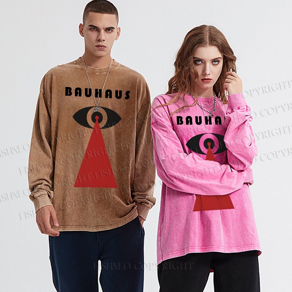 Unisex Casual Washed Geometric Eyes Printed Long Sleeve T-shirt