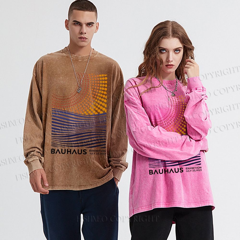 Unisex Casual Washed Bauhaus Geometric Patchwork Printed Long Sleeve T-shirt