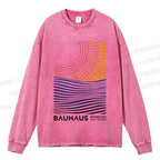 Unisex Casual Washed Bauhaus Geometric Patchwork Printed Long Sleeve T-shirt