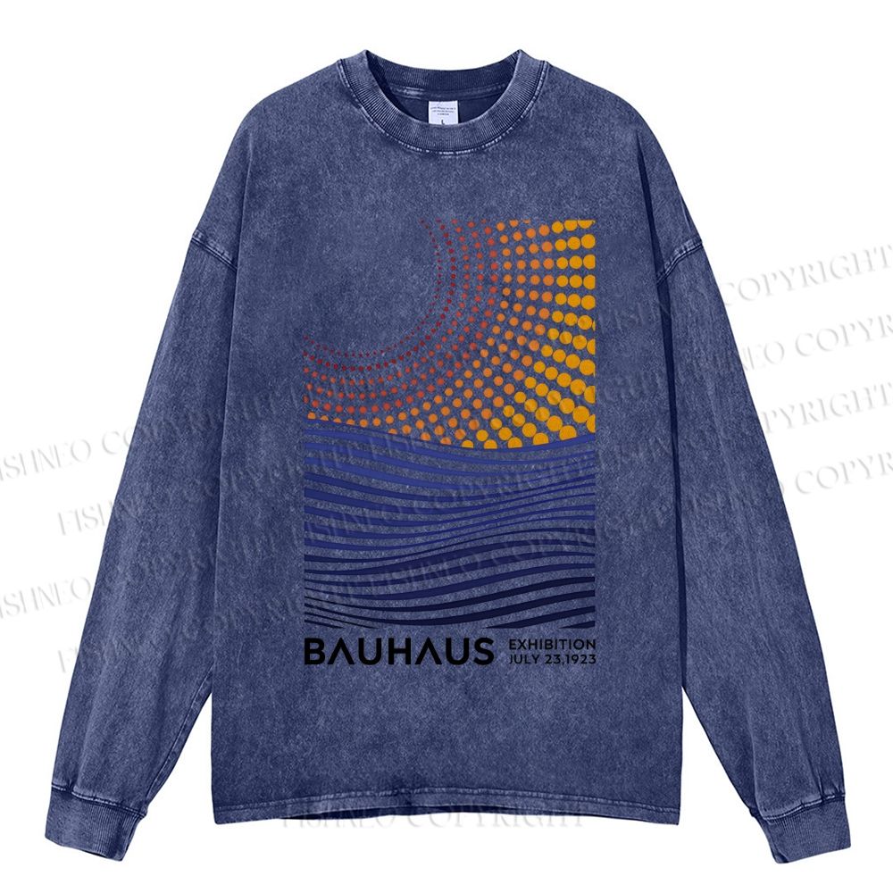Unisex Casual Washed Bauhaus Geometric Patchwork Printed Long Sleeve T-shirt