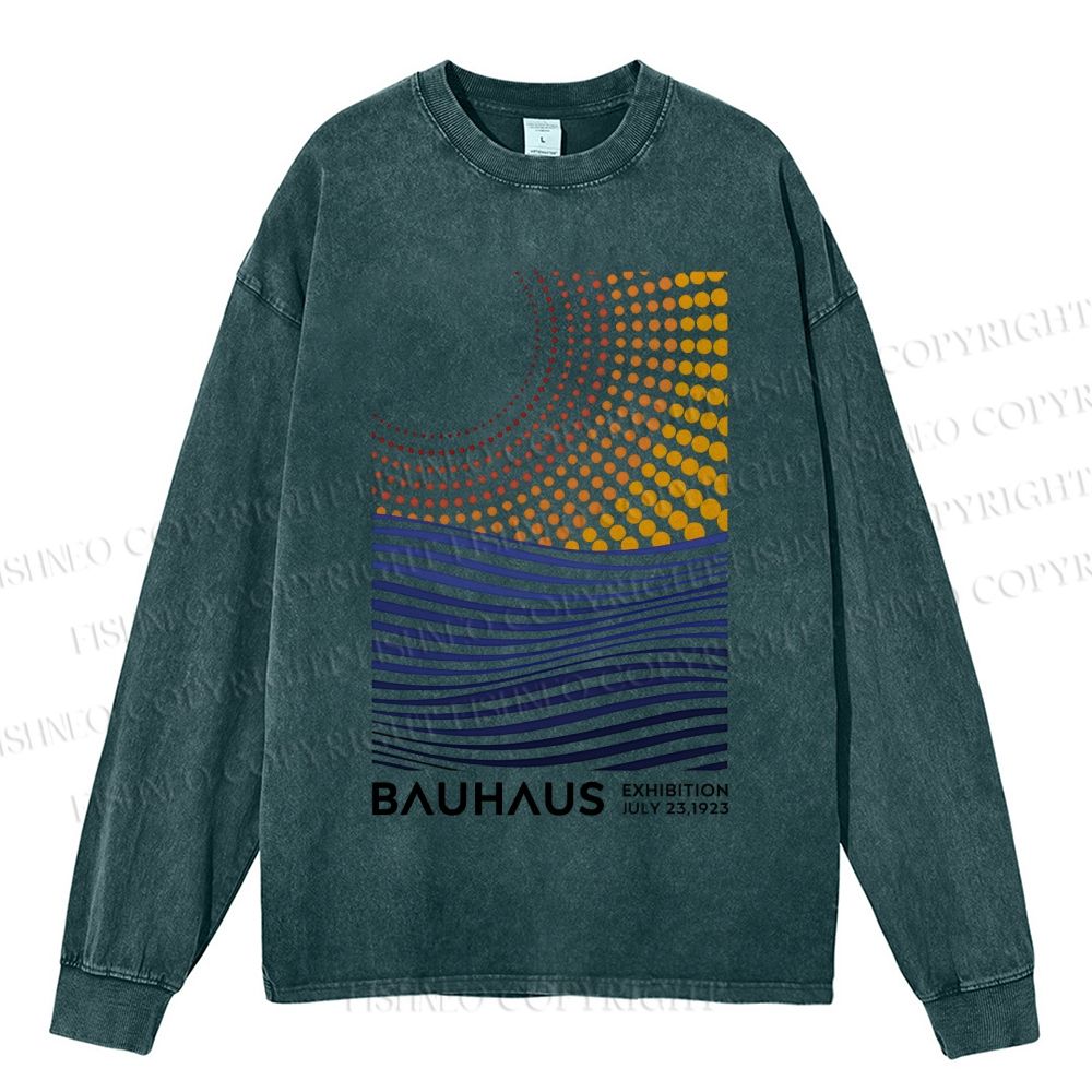 Unisex Casual Washed Bauhaus Geometric Patchwork Printed Long Sleeve T-shirt
