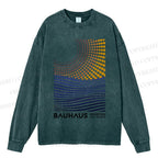 Unisex Casual Washed Bauhaus Geometric Patchwork Printed Long Sleeve T-shirt