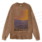 Unisex Casual Washed Bauhaus Geometric Patchwork Printed Long Sleeve T-shirt