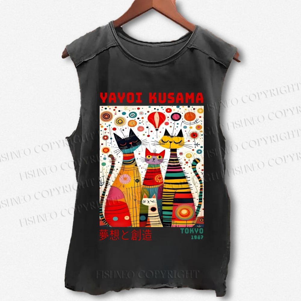 Unisex Yayoi Kusama Cats Dots Printed Washed Tank Top