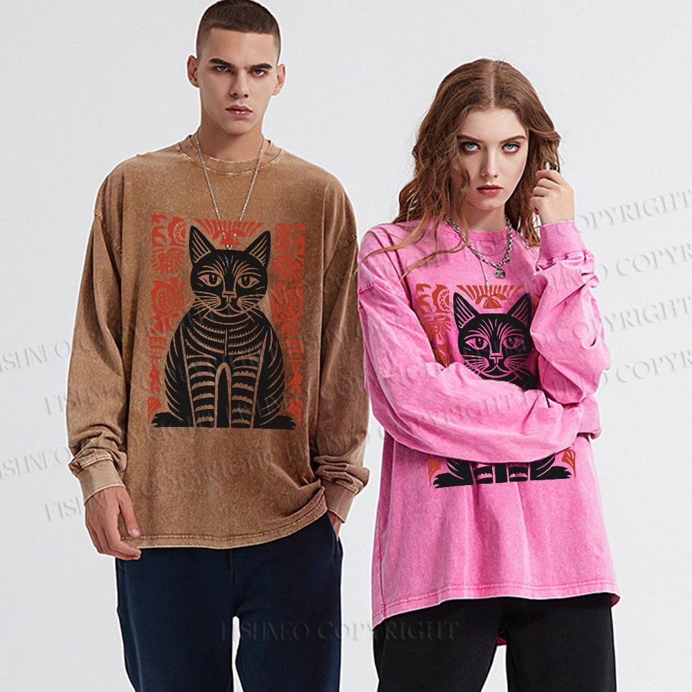Unisex Casual Washed Vintage Black Cat Totem Printed Long Sleeve T-shirt