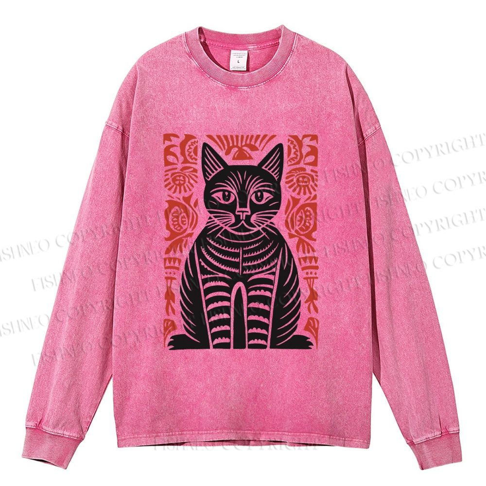 Unisex Casual Washed Vintage Black Cat Totem Printed Long Sleeve T-shirt