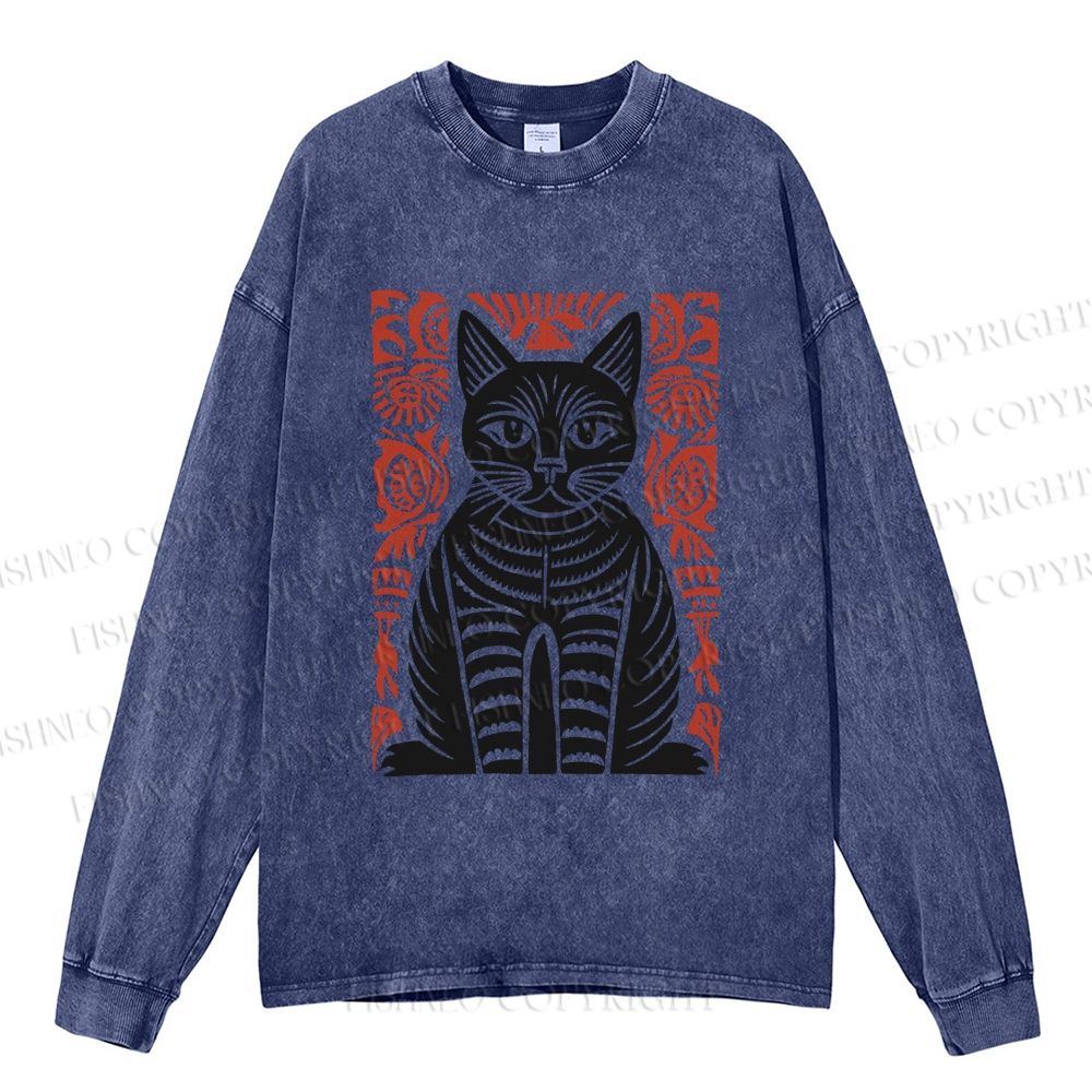 Unisex Casual Washed Vintage Black Cat Totem Printed Long Sleeve T-shirt