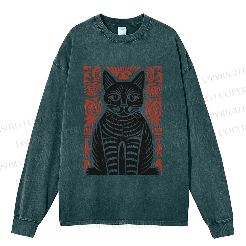 Unisex Casual Washed Vintage Black Cat Totem Printed Long Sleeve T-shirt