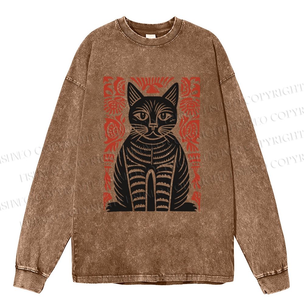Unisex Casual Washed Vintage Black Cat Totem Printed Long Sleeve T-shirt